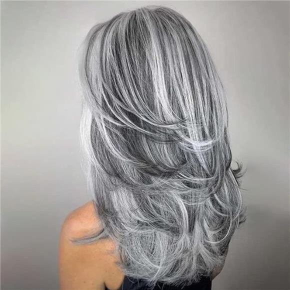 Other - Women's Grey Long Layered Wig Silver Wavy Natural Synthetic Hair